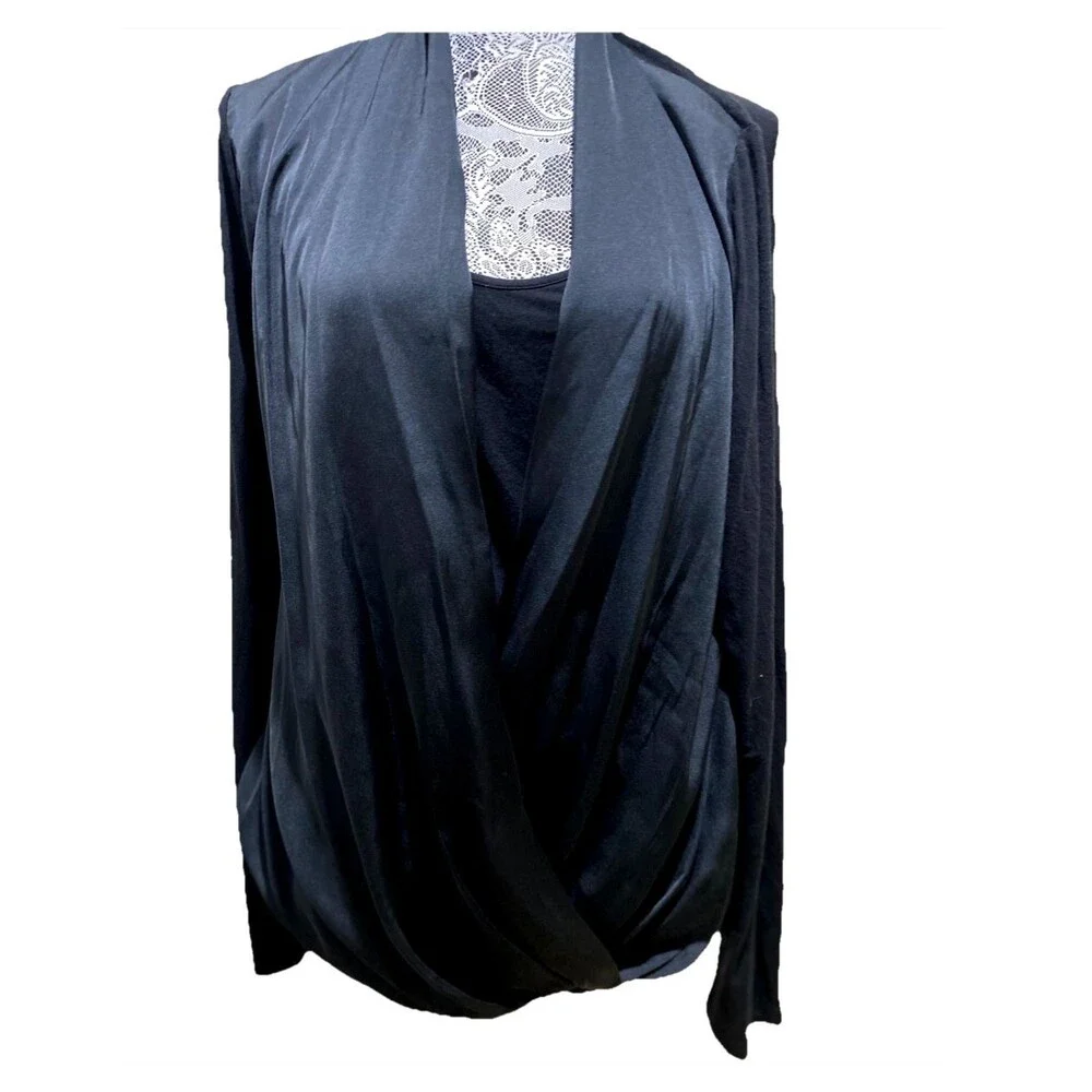 Michael Kors Women L Black Draped Crossover Blouse L/S Surplice Wrap Shirt Top